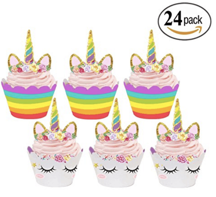 Unicorn Cupcake Toppers and Wrappers Double Sided Kids Party Cake Decorations Set of 24